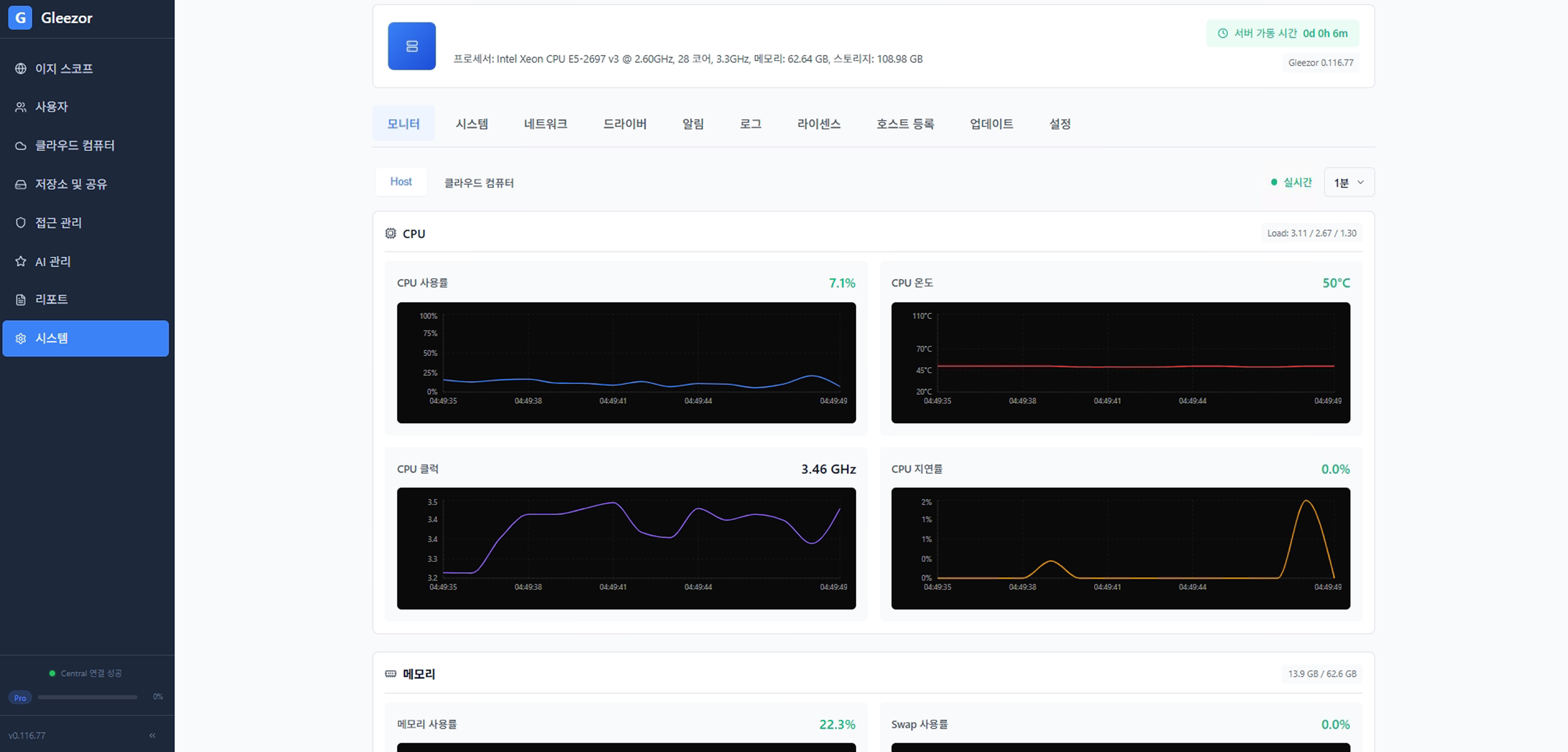 Gleezor console showing storage use and data protection status
