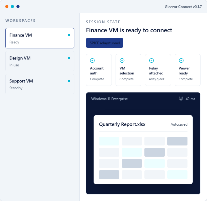 Live Gleezor Connect app screen for choosing a work screen